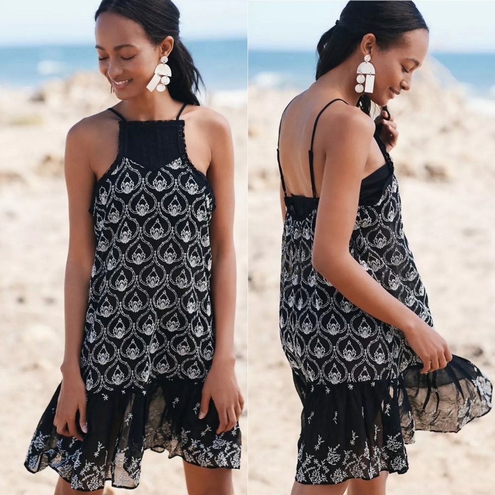 Anthropologie Black and White Embroidered Mini Dress